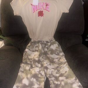 Nike Pink Rose Logo tee with matching Camo Nike Cargo pants